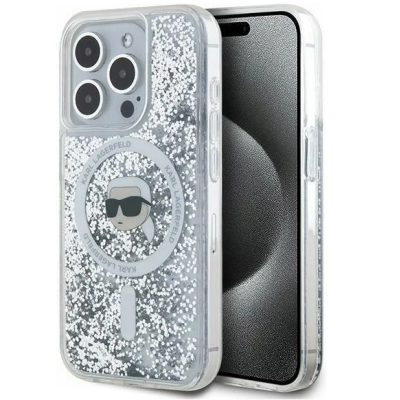 Przezroczyste etui Karl Lagerfeld Liquid Glitter z brokatem do iPhone 15 Pro, z widocznym logo marki i grafiką postaci na okręgu MagSafe oraz wyspą aparatów.