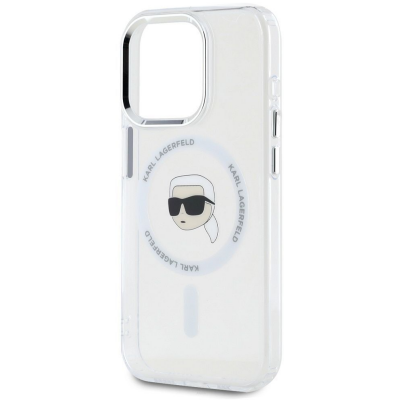 Białe etui Karl Lagerfeld IML Metal MagSafe do iPhone 15 Pro z nadrukiem głowy projektanta w okularach, widoczne od strony plecków z wyspą aparatów.