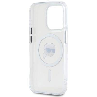 Przezroczyste etui Karl Lagerfeld do iPhone 15 Pro z białym okręgiem MagSafe oraz nadrukiem ikonicznej postaci projektanta w okularach na pleckach.