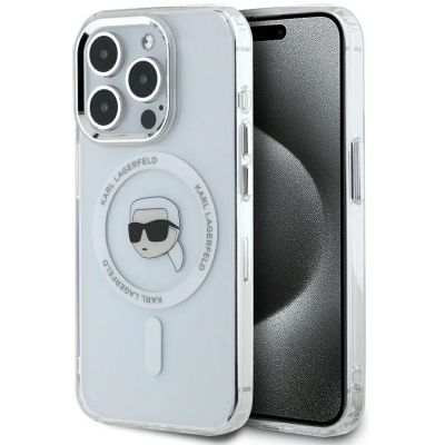 Białe etui Karl Lagerfeld IML Metal MagSafe do iPhone 15 Pro z nadrukiem głowy projektanta w okularach, widoczne od strony plecków z wyspą aparatów.