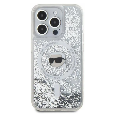 Przezroczyste etui Karl Lagerfeld Liquid Glitter z brokatem do iPhone 15 Pro, z widocznym logo marki i grafiką postaci na okręgu MagSafe oraz wyspą aparatów.