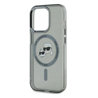 Czarne etui Karl Lagerfeld IML Metal MagSafe do iPhone 15 Pro z grafiką Karla Lagerfelda i kota Choupette, widok na tył z wyspą aparatów i profil.