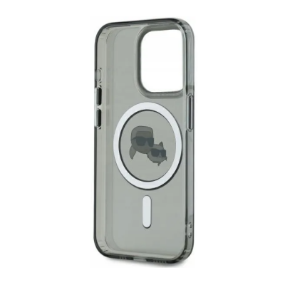 Czarne etui Karl Lagerfeld IML Metal MagSafe do iPhone 15 Pro z półprzezroczystym wykończeniem i nadrukiem postaci Karla Lagerfelda oraz kota Choupette.