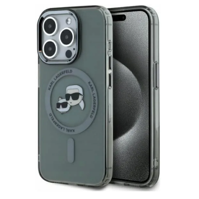 Czarne etui Karl Lagerfeld IML Metal MagSafe do iPhone 15 Pro z grafiką Karla Lagerfelda i kota Choupette, widok na tył z wyspą aparatów i profil.