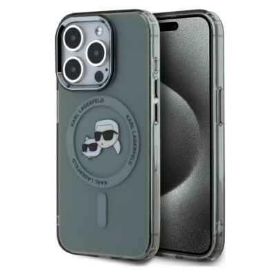 Czarne etui Karl Lagerfeld IML Metal MagSafe do iPhone 15 Pro Max z nadrukiem postaci projektanta i kota, widoczna wyspa aparatów oraz pierścień magnetyczny.