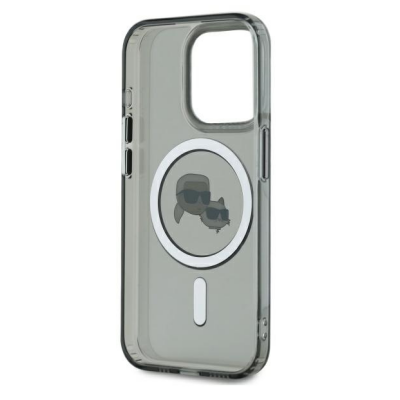 Czarne etui Karl Lagerfeld IML Metal MagSafe do iPhone 15 Pro Max z półprzezroczystym wykończeniem i nadrukiem postaci projektanta oraz kota na środku.