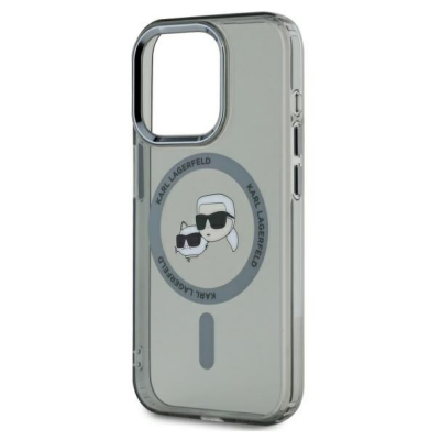 Czarne etui Karl Lagerfeld IML Metal MagSafe do iPhone 15 Pro Max z nadrukiem postaci projektanta i kota, widoczna wyspa aparatów oraz pierścień magnetyczny.