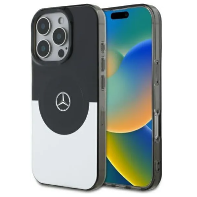 Etui Mercedes BiColor MagSafe do iPhone 16 Pro w czarno-srebrnej kolorystyce z widocznym logo marki na pleckach oraz profilem telefonu z przyciskami.