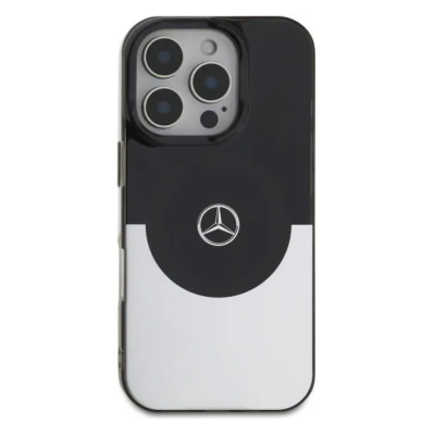 Etui Mercedes BiColor MagSafe do iPhone 16 Pro w czarno-srebrnej kolorystyce z widocznym logo marki na pleckach oraz profilem telefonu z przyciskami.