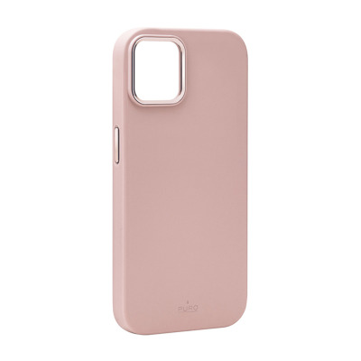 Różowe etui PURO Icon Mag Cover do iPhone 15 w kolorze piaskowego różu z metaliczną ramką wokół wycięcia na aparat oraz subtelnym logo marki na dole.