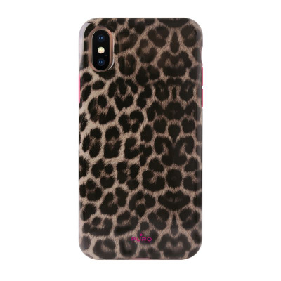 Etui Puro Glam Leopard Cover do iPhone Xs Max z charakterystycznym wzorem w cętki, widoczna wyspa aparatów oraz różowe logo marki w dolnej części obudowy.