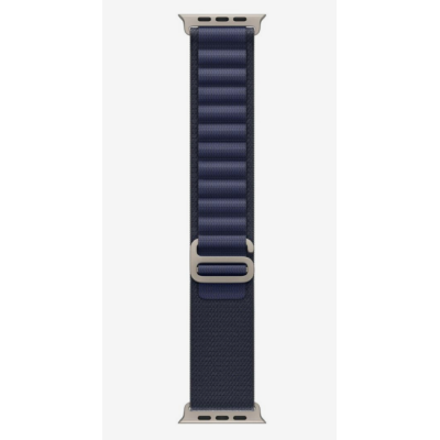 Granatowy pasek Apple Alpine Loop 49mm w rozmiarze M z tytanowym zapięciem typu G-hook, przeznaczony do zegarka Apple Watch, widoczny w pełnym pionowym ujęciu.