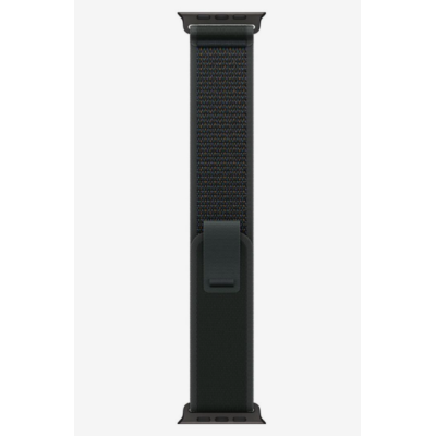 Czarny pasek Apple Trail Loop 49mm w rozmiarze M/L z tytanowym wykończeniem, prezentujący plecioną strukturę materiału oraz zapięcie do zegarka Apple Watch.