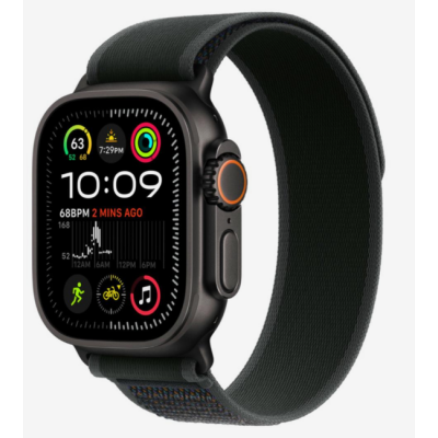 Czarny pasek Apple Trail Loop 49mm w rozmiarze M/L z tytanowym wykończeniem, prezentujący plecioną strukturę materiału oraz zapięcie do zegarka Apple Watch.