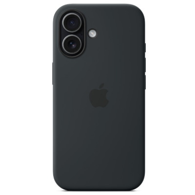 Czarne silikonowe etui Apple MagSafe do iPhone 17, widok na tylny panel z charakterystycznym logo Apple oraz pionowo ułożonym podwójnym modułem aparatów.