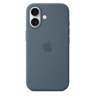 Silikonowe etui Apple MagSafe w kolorze Anchor Blue do iPhone 17, widok na tylną część obudowy z charakterystyczną wyspą aparatów i logo producenta.