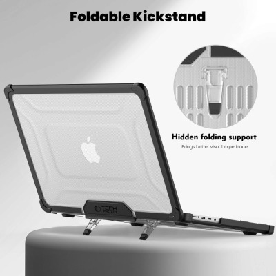 Półprzezroczysta obudowa Tech-Protect Smartshell Pro na laptopie Apple MacBook Pro 14 z czarną ramką, widoczne rozłożone nóżki podstawki oraz logo marki.