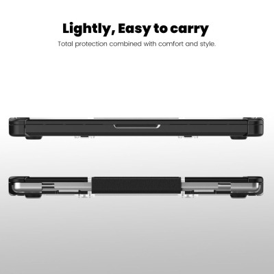 Czarne etui Tech-Protect Smartshell Pro na MacBook Pro 14, widok z boku na smukłą konstrukcję z paskiem zabezpieczającym i napisem Lightly, Easy to carry.