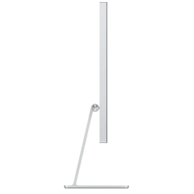 Monitor Apple Studio Display 27 cali 5K ze standardowym szkłem, widok z profilu prezentujący smukłą konstrukcję obudowy oraz regulowaną podstawę urządzenia.