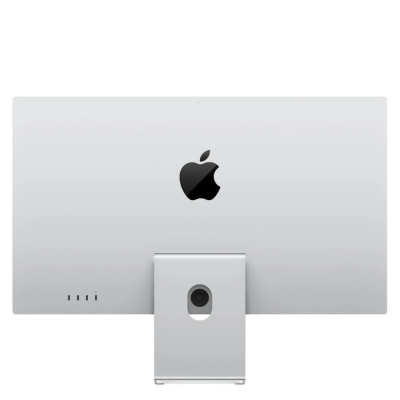 Monitor Apple Studio Display 27 cali 5K ze standardowym szkłem, widoczny od frontu z kolorową, abstrakcyjną tapetą na ekranie i srebrną podstawką.