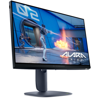 Monitor gamingowy Dell AW2525HM z wyświetloną grą Alara Prime, osadzony na czarnej podstawie, ujęty pod kątem ukazującym smukłe ramki i logo Alienware.