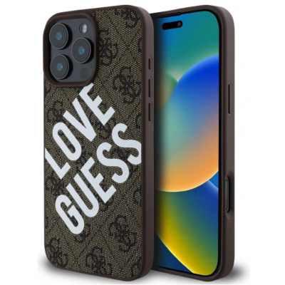 Brązowe etui Guess PU Leather 4G Big Love MagSafe do iPhone 16 Pro z białym napisem LOVE GUESS, widoczna wyspa aparatów oraz profil smartfona z przyciskami.