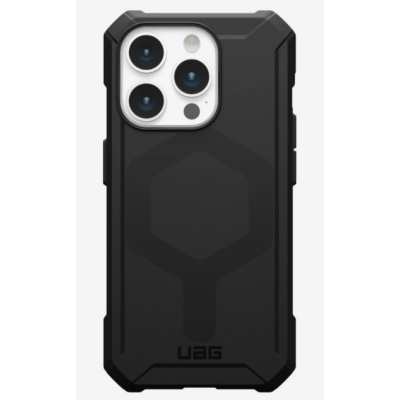 Czarne etui UAG Essential Armor z obsługą MagSafe do iPhone 15 Pro, prezentujące wzmocnioną konstrukcję, wycięcie na potrójny aparat oraz logo UAG na dole.