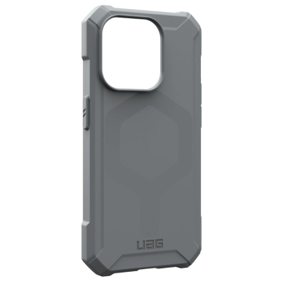 Szare etui UAG Essential Armor z obsługą MagSafe do iPhone 15 Pro, widok na plecki z charakterystycznym sześciokątnym wzorem oraz wycięciem na potrójny aparat.