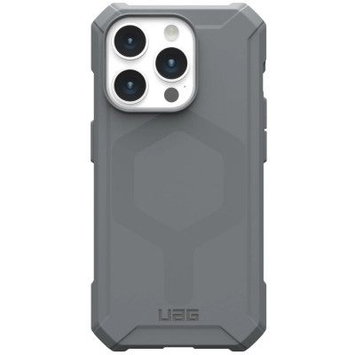 Szare etui UAG Essential Armor z obsługą MagSafe do iPhone 15 Pro, widok na plecki z charakterystycznym sześciokątnym wzorem oraz wycięciem na potrójny aparat.