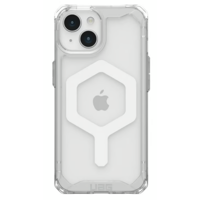 Przezroczyste etui UAG Plyo MagSafe do iPhone 15 w kolorze ice-white z widocznym białym pierścieniem magnetycznym na pleckach oraz wycięciem na dwa aparaty.