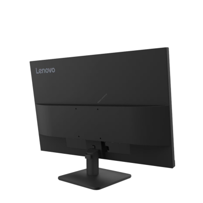 Czarny monitor Lenovo ThinkVision S27-4e na podstawce, wyświetlający interfejs programu PowerPoint z otwartym oknem czatu aplikacji Microsoft Teams.