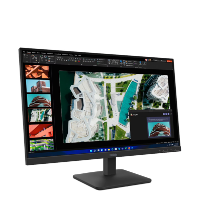 Czarny monitor Lenovo ThinkVision S27-4e na podstawce, wyświetlający interfejs programu PowerPoint z otwartym oknem czatu aplikacji Microsoft Teams.