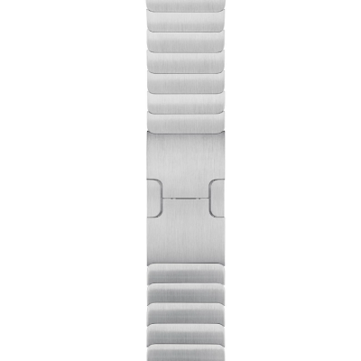 Srebrna bransoleta panelowa Apple do zegarka Apple Watch, ukazująca detale ogniw oraz metalowe zapięcie motylkowe w widoku z góry na jasnym tle.