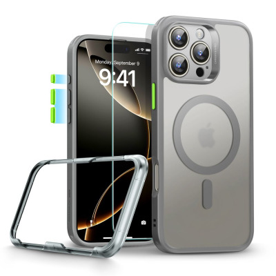 Etui ESR Classic Pro z MagSafe do iPhone 16 Pro Max w kolorze Frosted Grey, zestaw z ramką montażową i szkłem ochronnym, widok na wyspę aparatów.