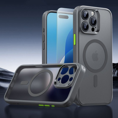 Szare etui ESR Classic Pro z MagSafe do iPhone 16 Pro Max, prezentowane z przodu i z tyłu, z widoczną wyspą aparatów oraz kontrastowymi zielonymi przyciskami.