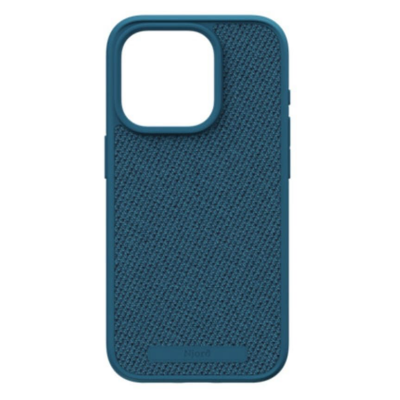 Granatowe etui Njord Fabric z teksturowanym wykończeniem do iPhone 15 Pro, z widocznym wycięciem na wyspę aparatów oraz logotypem marki u dołu obudowy.