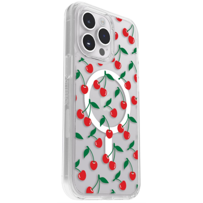Przezroczyste etui OtterBox Symmetry+ do iPhone 14 Pro Max z nadrukiem czerwonych wisienek, widoczna wyspa aparatów oraz biały pierścień MagSafe na pleckach.
