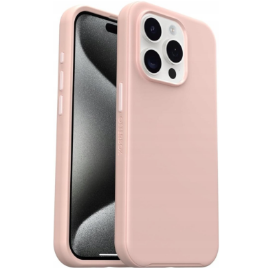 Różowe etui OtterBox Symmetry z MagSafe do iPhone 15 Pro, ukazujące tył z wyspą aparatów oraz profil urządzenia z widocznymi przyciskami bocznymi.