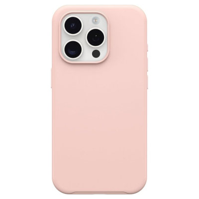 Różowe etui OtterBox Symmetry z MagSafe do iPhone 15 Pro, ukazujące tył z wyspą aparatów oraz profil urządzenia z widocznymi przyciskami bocznymi.