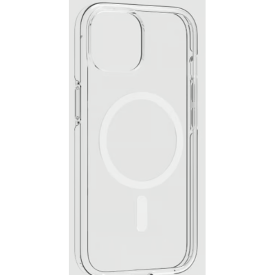 Przezroczyste etui PURO D3O Impact do iPhone 15 Pro z widocznym okręgiem MagSafe na pleckach oraz precyzyjnymi wycięciami na aparat i przyciski boczne.