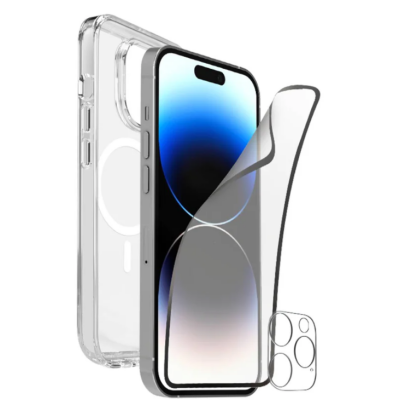 Przezroczyste etui PURO z MagSafe do iPhone 15 Pro, obok którego unosi się szkło ochronne na ekran oraz nakładka na wyspę aparatów w białym zarysie.