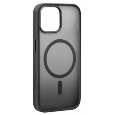 Czarne etui PURO Gradient MagSafe do iPhone 15 Pro z półprzezroczystymi pleckami, widocznym okręgiem ładowania magnetycznego oraz wycięciem na wyspę aparatów.