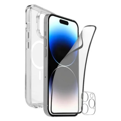 Przeźroczyste etui PURO z MagSafe do iPhone 15, widoczne obok smartfona z naklejaną folią ochronną na ekran oraz zestawem osłon na obiektywy aparatu.