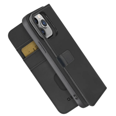 Czarne etui SBS Duo Wallet Mag do iPhone 14 Pro z magnetycznym zapięciem, widocznymi kieszeniami na karty płatnicze oraz wycięciem na wyspę aparatów.
