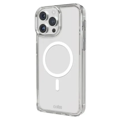 Przezroczyste etui SBS Rigid z wbudowanym pierścieniem MagSafe do iPhone 15 Pro Max, ukazujące wycięcia na potrójny aparat oraz logo producenta na dole.