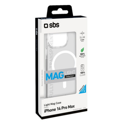 Przezroczyste etui SBS z technologią MagSafe do iPhone 14 Pro Max, prezentujące wycięcie na potrójny aparat oraz charakterystyczny biały pierścień magnetyczny.