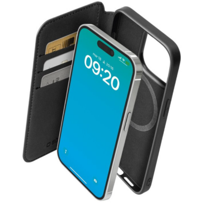 Czarne etui portfelowe SBS WalletMag z MagSafe do iPhone 15 Pro, ukazujące wewnętrzne kieszenie na karty oraz sposób montażu telefonu wewnątrz pokrowca.