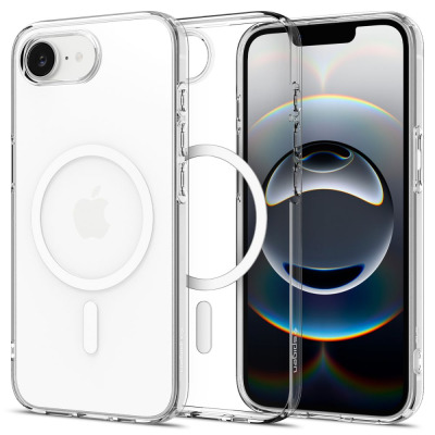Przezroczyste etui Spigen Liquid Crystal MagSafe do iPhone 16e, ukazujące tył z pierścieniem magnetycznym oraz przód smartfona z widocznym logo Spigen.