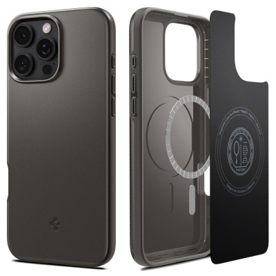 Czarne etui Spigen Thin Fit MagSafe do iPhone 16 Pro, widok na tył z wyspą aparatów oraz wnętrze z pierścieniem magnetycznym i logotypem marki na obudowie.