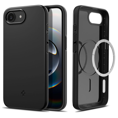 Czarne etui Spigen Thin Fit MagSafe do iPhone 16e, ukazane w widoku z przodu oraz od wewnątrz z widocznym magnetycznym pierścieniem i wycięciem na aparat.